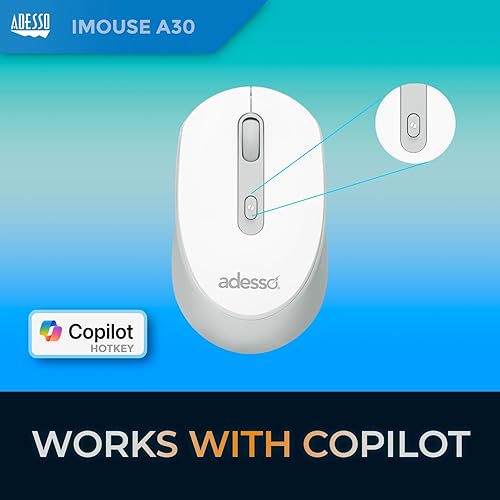 Adesso iMouse A30 Wireless Mouse with AI Copilot Button 2.4GHz USB Dongle 1200 DPI Left and Right Hand Design (White)