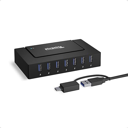 Plugable 7-in-1 USB Powered Hub for Laptops with USB-C or USB 3.0 - Power Station for Multiple Devices and Data Transfer with a 60W Power Adapter, Driverless