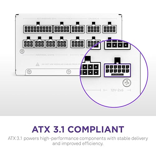 NZXT C850 Gold ATX 3.1 - Fully Modular Low-Noise PC Gaming Power Supply - 850 Watts - 80 Plus Gold - 12V-2x6 Connector - Zero Fan Mode - 100% Japanese Capacitors - White C Series ATX 3.1 White