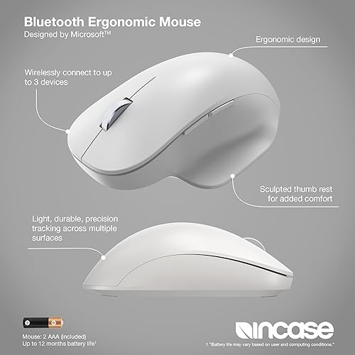 Incase Bluetooth Ergonomic Mouse – Designed by Microsoft – Two Thumb Buttons, Easy to Grip Thumb Rest, Precision Tracking, Connects 3 Devices, 15 Month Battery Life, PCs/Laptops (Glacier)