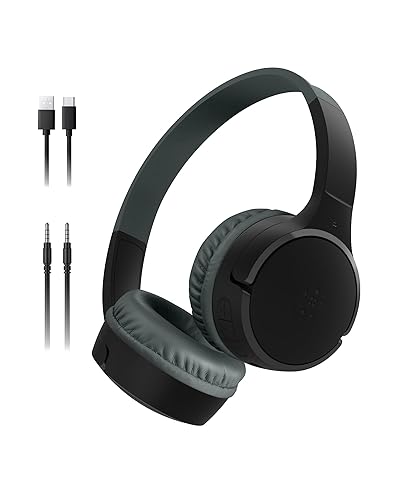 Belkin SoundForm Mini Kids Wireless Headphones w/Built-in Microphone, 30H of Playback Time, & Fun Stickers - Over-Ear Headsets for Online Learning, School, Travel, iPhone, iPad, Galaxy & More - Black Wireless (USB-C) No Case Without Case Black