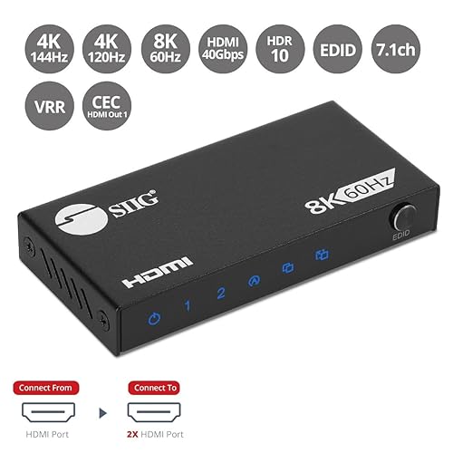 SIIG 1x2 8K 60Hz HDMI 2.1 Splitter with VRR/ALLM - Up to 8K@60Hz, 1 HDMI in 2 Out, HDCP 2.3, LPCM 7.1ch, Compatible with DTS-HD/Dolby Digital/Dolby TrueHD, Downscaler, EDID Management