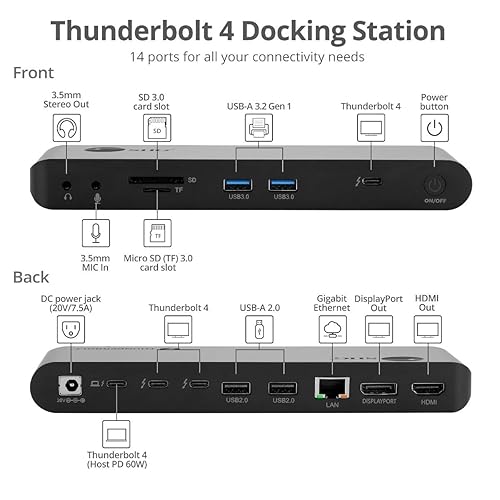 SIIG Thunderbolt 4 Docking Station - Quad 4K / Single 8K, 60W PD, 3X TB4 40Gbps (USB-C), 2X USB-A 5G, Gigabit Ethernet, Support Mac M1/M2/M3 Pro/Max & Windows (Intel/AMD/Snapdragon) (JU-DK0U11-S1)