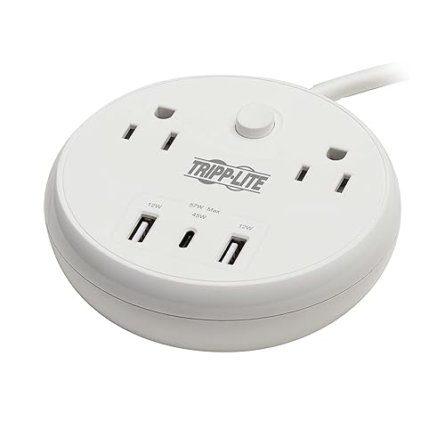 Tripp Lite Safe-IT 57W Surge Protector, 2 Outlets & 2 USB + 1 USB-C Port for Fast Charging, 300 Joules, 8 Foot 5-15P Cord, Manufacturer's Warranty & $25,000 Insurance (TLP28PD57WCAM)