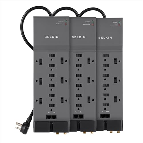 Belkin 12-Outlet Power Strip Surge Protector with 10-Foot Cord and Telephone, Ethernet, Coaxial Protection, BE112234-10, Gray - 3 Pack
