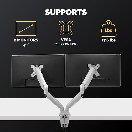 Fellowes Platinum Series Adjustable Dual Monitor Arm, Silver, Gas Spring, VESA Bracket, Clamp or Grommet Mount, Holds Two Monitors 32 / 17.6 lbs Each
