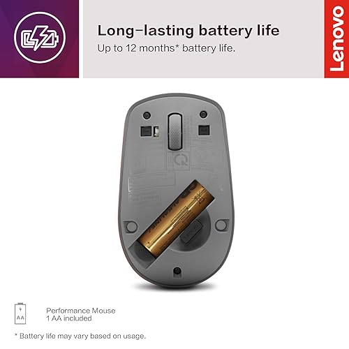 Lenovo 530 Full Size Wireless Computer Mouse for PC, Laptop, Computer with Windows - 2.4 GHz Nano USB Receiver - Ambidextrous Design - 12 Months Battery Life - Graphite Grey