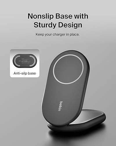 Belkin Magnetic Foldable Wireless Charging Stand 15W - MagSafe-Compatible Qi2-Certified Charger, Wireless Charging Stand for iPhone 16, Galaxy S25, & More - Standby Mode Ready w/PSU Included - Black