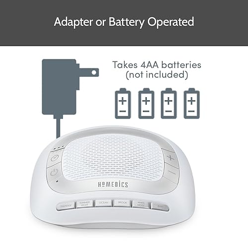 HoMedics SS-2025 White Noise Sound Machine | Portable Sleep Therapy for Home, Office, Baby & Travel | 6 Relaxing & Soothing Nature Sounds, Battery or Adapter Charging Options, Auto-Off Timer , Silver Standard
