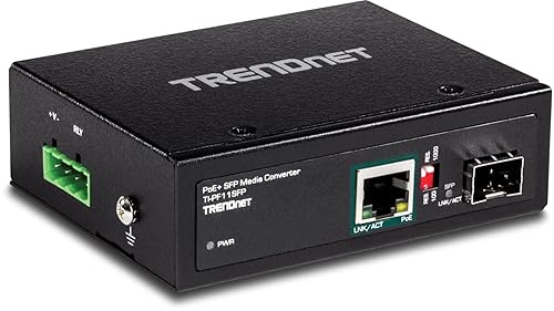 TRENDnet Industrial SFP to Gigabit PoE+ Media Converter, IP30 Rated Housing, Operating Temperature Range -40°– 75 °C to (-40° – 167 °F), TI-PF11SFP, Black Gigabit PoE+ SFP