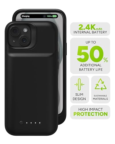Mophie Juice Pack iPhone 15 Battery Case - Legendary Power & Protection - Up to 50% Extra Battery, 6ft Drop Safety, Eco-Friendly Design, Black