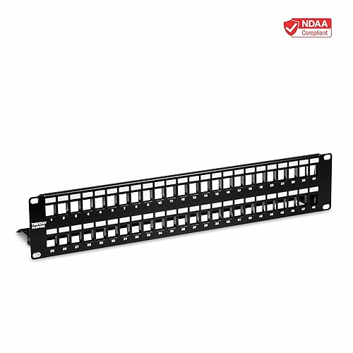 TRENDnet 48-Port Blank Keystone Shielded 2U HD Patch Panel, TC-KP48S, Cat6A Cat6, Cat5e, Cat5, 2U 19” Metal Rackmount Design, Numbered Cable Management Bar, Fully Customizable with HD Keystone Jacks 48-Port Shielded Blank Keystone