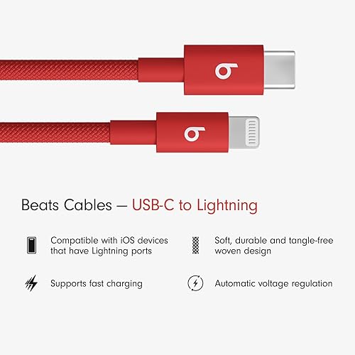 Beats USB-C to Lightning Woven Cable Fast Charging Durable/Tangle-Free Compatible Charger for Apple Devices with Lightning Ports (1.5 m, 5 ft) - Rapid Red Rapid Red 1.5 m