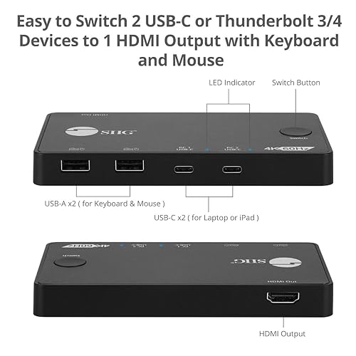 SIIG 2 Port USB-C KVM Switch - 2 Computers to 1 Monitor - 2X USB-A + 2X USB-C - Single 4K 60Hz HDMI, USB-C Bus Powered, Button Control, Thunderbolt 3 Compatible (CE-KV0B11-S1)