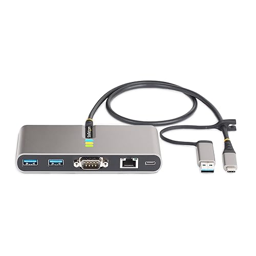 StarTech.com 2-Port USB-C Hub with Gb Ethernet and RS232 FTDI Serial, Attached USB-C to USB-A Dongle, 100W PD Pass-Through, 2X USB-A 5Gbps