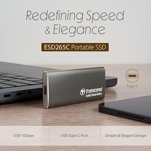 Transcend 500GB ESD265C, External Solild State Drive, Portable SSD, Slim & Sleek Lightweight, Aluminum casing, Up to 1050 MB/s,Type A and C - TS500GESD265C
