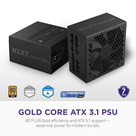 NZXT C1000 Gold Core - 1000W ATX 3.1 Power Supply - 80 Plus Gold - Cybenetics Platinum - Fully Modular - PCIe 5.1 600W 12V-2x6 - Zero RPM Fan - 105°C Capacitors - Black Black 1000W Gold Core Core ATX 3.1