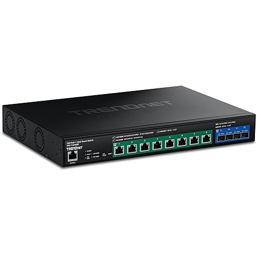 TRENDnet 12-Port 10G PoE++ Web Smart Switch, TPE-7124SBF, 720W PoE Power Budget, 8 x 10G PoE++ Ports, 4 x 10G SFP+ Ports, NDAA TAA Compliant, 1U 19 Rack Mountable, Lifetime Protection