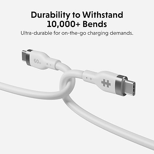 HyperJuice Silicone Charging USB C Cable (1.5m/5ft) w/EcoSmart Silicone Jacket, 60W USB C Charger 3.0 EPR Fast Charge — Tangle-Free USB C Cable 5ft, Withstands 10,000+ Bends (White)
