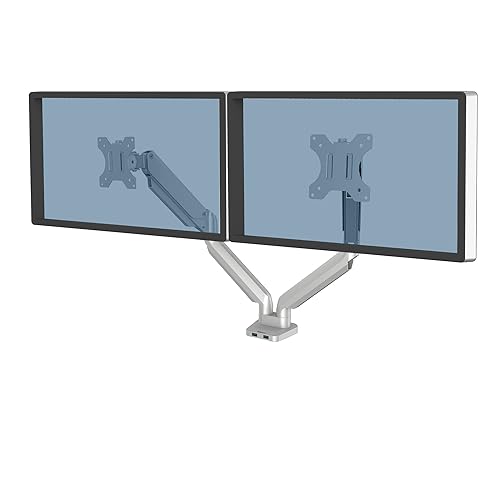 Fellowes Platinum Series Adjustable Dual Monitor Arm, Silver, Gas Spring, VESA Bracket, Clamp or Grommet Mount, Holds Two Monitors 32 / 17.6 lbs Each