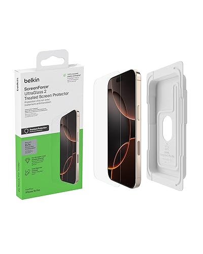 Belkin ScreenForce UltraGlass 2 Treated Screen Protector for iPhone 16 Pro - Scratch-Resistant, 9H Hardness Tested Glass w/Slim Design & Easy Align Tray for Bubble-Free Application