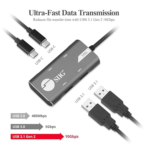 SIIG 4-Port USB 3.1 Gen 2 10G Hub - 2X USB-C & 2X USB-A Ports at Ultra High Speed Data Transfer Rates, Plug-n-Play for Windows and Mac Systems