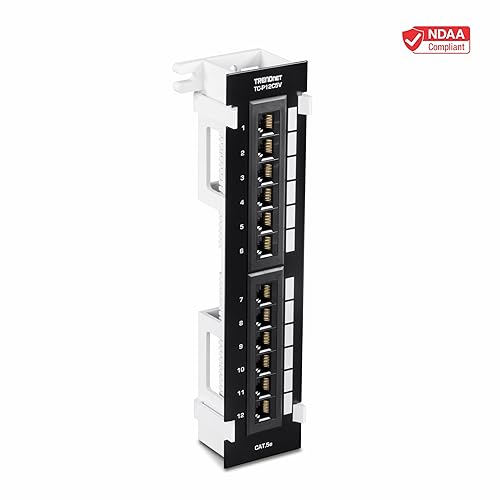 TRENDnet 12-Port Cat5e Unshielded Patch Panel, Wall Mount, Included 89D Bracket, Vertical or Horizontal Installation, Compatible with Cat5e & Cat6 RJ45 Cabling, Black, TC-P12C5V 12 Port Cat 5E