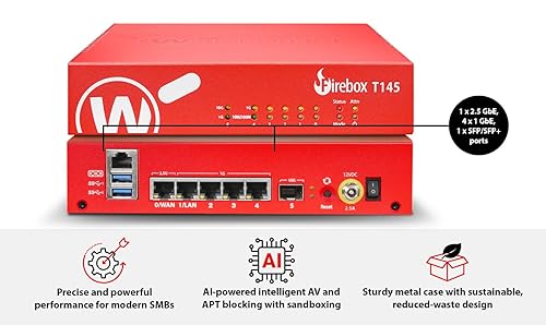 WatchGuard Firebox T145 with 5 Year Standard Support - Tabletop Firewall, 2.5Gb, 1Gb & SFP Ports, Enterprise Security for Branch Locations (WGT145005)