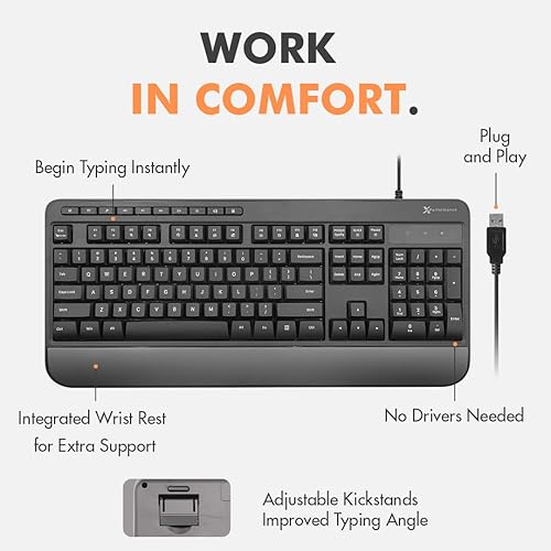 X9 Wired Keyboard - Comfortable Typing - Ergonomic Full Size USB Keyboard with Wrist Rest, Number Pad, Multimedia and 114 Keys - External Computer Keyboard for Laptop, Desktop and Office PC