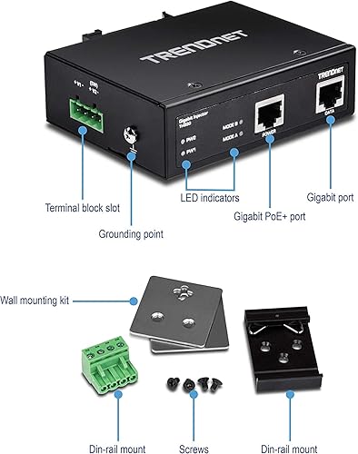TRENDnet Hardened Industrial Gigabit PoE+ Injector, DIN-Rail, Wall Mount, IP30 Rated Housing, DIN-Rail & Wall Mounts Included, TI-IG30 30W PoE +