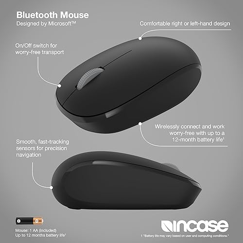 Incase Bluetooth Mouse - Designed by Microsoft - Compact, Comfortable, Right/Left Hand Use, 4-Way Scroll Wheel, Wireless Bluetooth Mouse for PC/Laptop/Desktop, Mac/Windows Computer (Black)