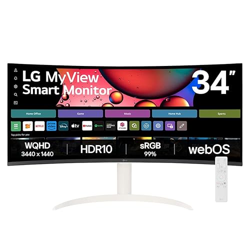 LG MyView Smart Monitor 34SR65QC-W (34-Inch 21:9 Curved UltraWide QHD (3440x1440) Display, webOS Smart Monitor, ThinQ Home Dashboard, LG ThinQ App, 2 x 7W Stereo Speakers