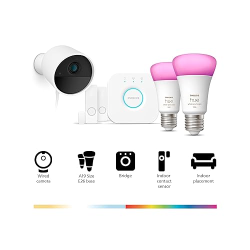 Philips Hue Secure Starter Kit With (1) Bridge, (1) Secure Wired Camera (White), (2) Secure Contact Sensor (White), (2) 75W A19 Bulb, White & Color Ambiance - Works With Security Center in the Hue App