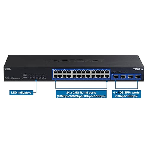 TRENDnet 28-Port Multi-Gig Switch, TEG-S50284, 24 2.5Gb RJ 45 Ports, 4 x 10G SFP+ Ports, NDAA TAA Compliant, Lifetime Protection, 200Gbps Switch Capacity, Rack Mount Ready, Black 24-Port 2.5G | 4-Port 10G SFP+