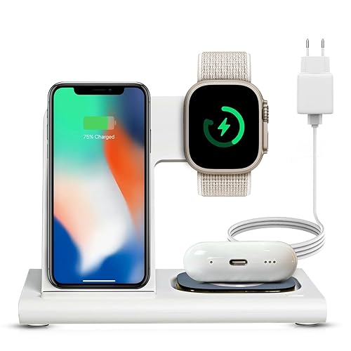 Spracht Flex Charge 3-3 in 1 Charging Station, Portable Charging Station for Smartphones, Smart Watches, Earbuds – 25W Fast Wireless Charger Stand Night Light – Foldable Travel Charger 3 in 1 (White)