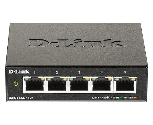 D-Link 5-Port Gigabit Smart Managed Desktop Switch, Layer 2 Features, VLANs, Cable Diagnostics, Compact, Fanless, Energy Saving Features, WebSmart Web GUI, EasySmart (DGS-1100-05V2)