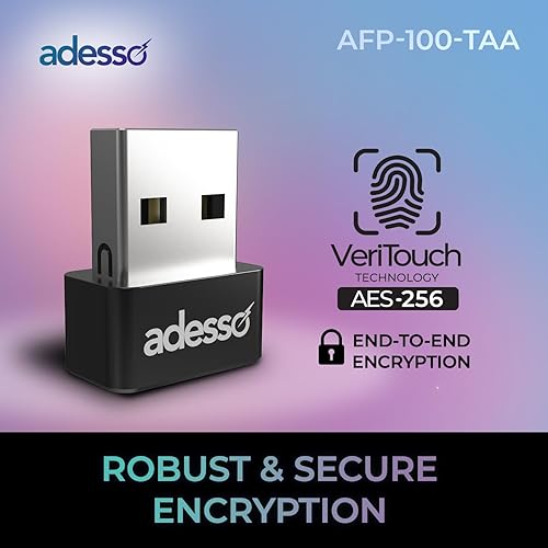 Adesso USB Fingerprint Reader Windows Hello Compatible Built-in Biometric Security AES256 Encryption Made in Taiwan TAA Compliant AFP-100-TAA