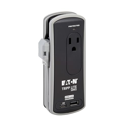 Eaton Tripp Lite TRAVELER3USBC Travel Power Strip & USB Charger, Flat Plug, 306J Surge Protector, USB-C + USB-A Port, 2-Outlets, 18 Cord & Cable Wrap, 5,000 Insurance