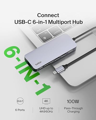 Belkin 7-in-1 USB-C Ethernet Hub USB-C PD 60W 4K HDMI SD Card USB for iPad/iPad Pro/iPad Mini/MacBook/MacBook Pro/MacBook Air/Windows/Surface/Chromebook AVC008fqSGY-V2