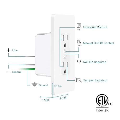 Kasa Smart In-Wall WiFi Outlet by TP-Link (KP200) - Neutral Wire and 2.4GHz Wi-Fi Connection Required, Works with Alexa, Echo and Google Home, No Hub Required, Remote Control, UL Certified White Smart In-Wall Outlets