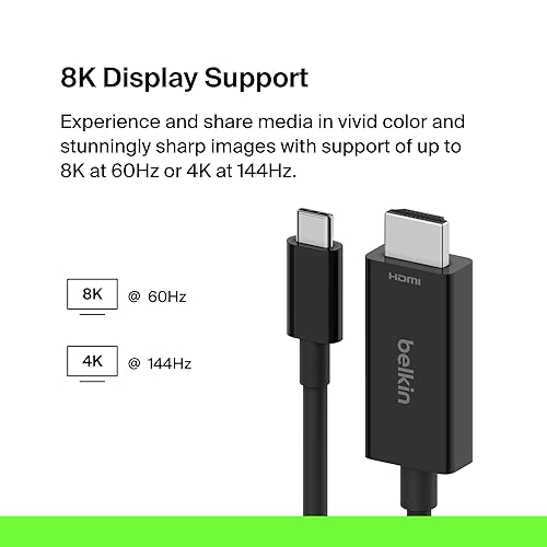 Belkin USB Type C to HDMI 2.1 Cable, 6.6FT/2M Cable with 8K@60Hz, 4K@144Hz, HDR, HBR3, DSC, HDCP 2.2, Works with Chromebook Certified, Compatible with MacBook, iPad Pro and Other USB C Devices