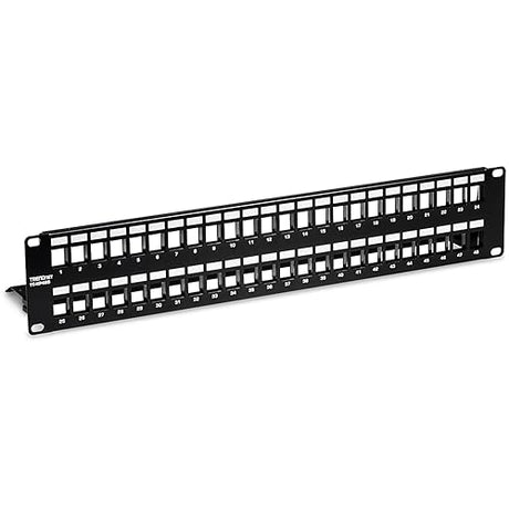 TRENDnet 48-Port Blank Keystone Shielded 2U HD Patch Panel, TC-KP48S, Cat6A Cat6, Cat5e, Cat5, 2U 19” Metal Rackmount Design, Numbered Cable Management Bar, Fully Customizable with HD Keystone Jacks 48-Port Shielded Blank Keystone