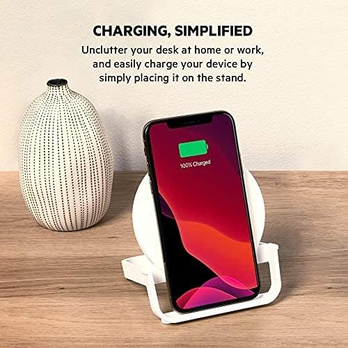 Belkin BoostCharge 10W Fast Wireless Charging Stand, Includes QuickCharge 3.0 Wall Charger and Cable, Case Compatible for iPhones, Galaxy, Pixel and Other Qi Enabled Devices (includes AC adapter) White 10W Stand Charging Stand