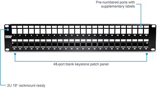 TRENDnet 48-Port Blank Keystone Shielded 2U HD Patch Panel, TC-KP48S, Cat6A Cat6, Cat5e, Cat5, 2U 19” Metal Rackmount Design, Numbered Cable Management Bar, Fully Customizable with HD Keystone Jacks 48-Port Shielded Blank Keystone