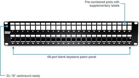 TRENDnet 48-Port Blank Keystone Shielded 2U HD Patch Panel, TC-KP48S, Cat6A Cat6, Cat5e, Cat5, 2U 19” Metal Rackmount Design, Numbered Cable Management Bar, Fully Customizable with HD Keystone Jacks 48-Port Shielded Blank Keystone