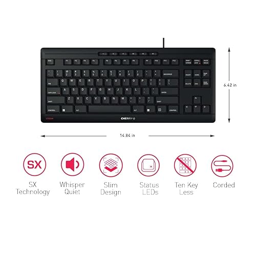 CHERRY Stream Keyboard TKL Wired USB TenKeyLess Compact Version without Number Pad. Silent Keystroke. Ideal for Office and Industrial Use. Compact Black