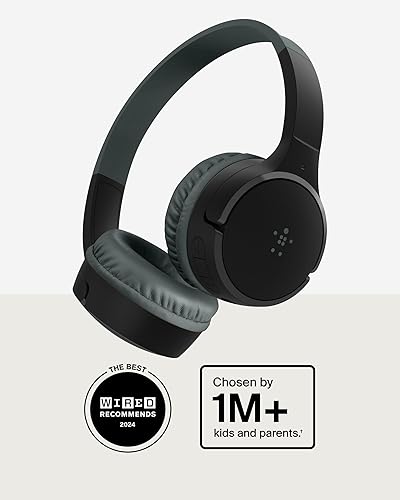 Belkin SoundForm Mini Kids Wireless Headphones w/Built-in Microphone, 30H of Playback Time, & Fun Stickers - Over-Ear Headsets for Online Learning, School, Travel, iPhone, iPad, Galaxy & More - Black Wireless (USB-C) No Case Without Case Black