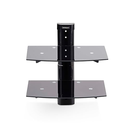 StarTech.com Dual Floating Wall-Mounted AV Shelves, Adjustable Height Shelf for Under TV AV Equipment, Tempered Glass Shelves