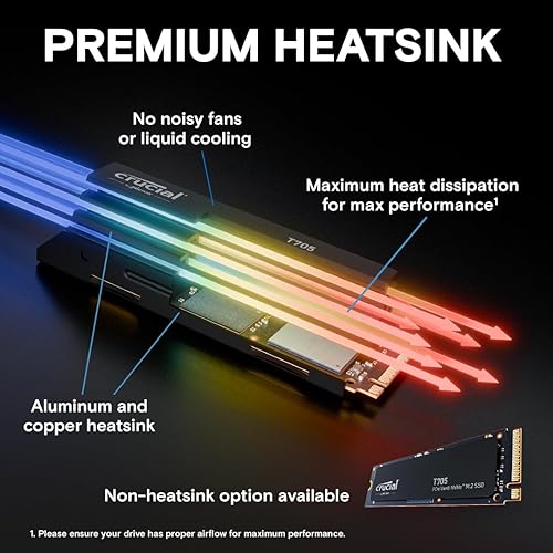 New 2024 Crucial T705 2TB PCIe Gen5 NVMe M.2 SSD with Heatsink - Up to 14,500 MB/s - Game Ready - Internal Solid State Drive (PC) - +1mo Adobe CC - CT2000T705SSD5 2TB T705 W/Heatsink