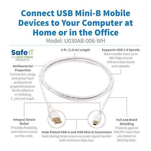 Tripp Lite, Safe-IT, USB-A to USB Mini-B, USB 2.0, Male-to-Male Cable, PVC VW-1 Jacket, White, 6 Feet / 1.83 Meters, Limited Life Manufacturer's Warranty (U030AB-006-WH) USB-A to USB Mini-B 6 Feet / 1.83 Meters